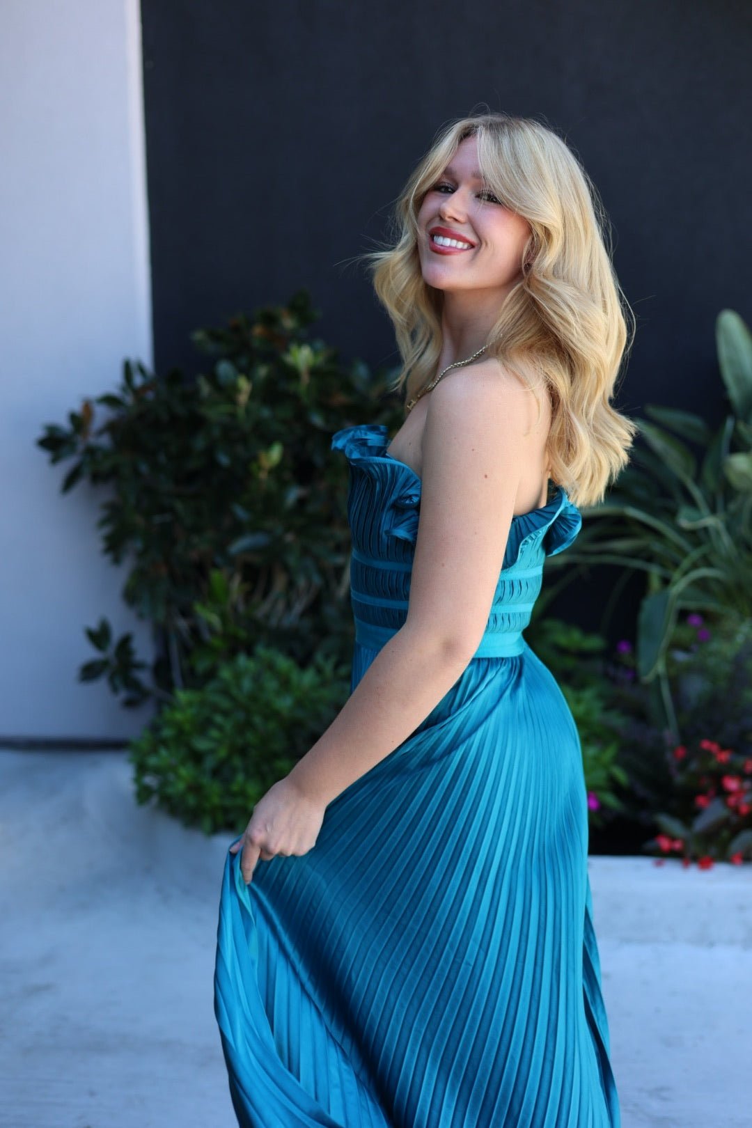 amur giada strapless pleated satin dress Amur Women's Giada Strapless Pleated Satin Dress - Lagoon Blue