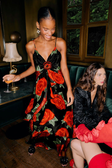 Latin Roses Black Flower Sleeveless Maxi Dress - Cedar & Lily Clothier