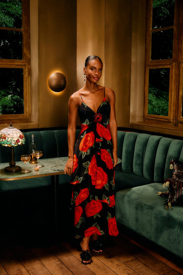 Latin Roses Black Flower Sleeveless Maxi Dress - Cedar & Lily Clothier