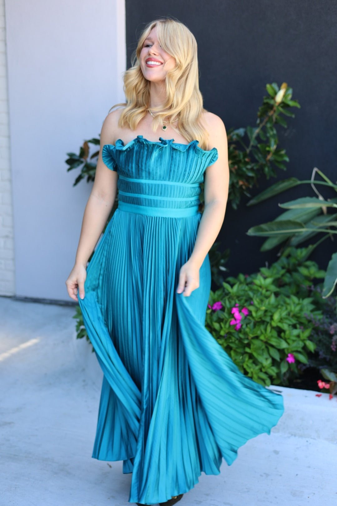 amur giada pleated dress AMUR Women's Giada Strapless Pleated Satin Dress - Green Grass